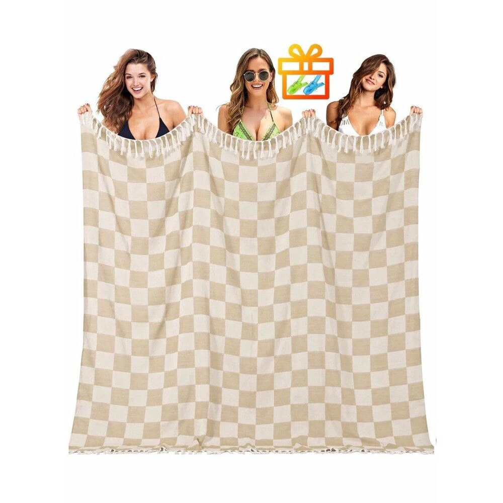 Antfuny Oversized Sand Free Beach Blanket, Beige/White Checked, 80 x 88 in